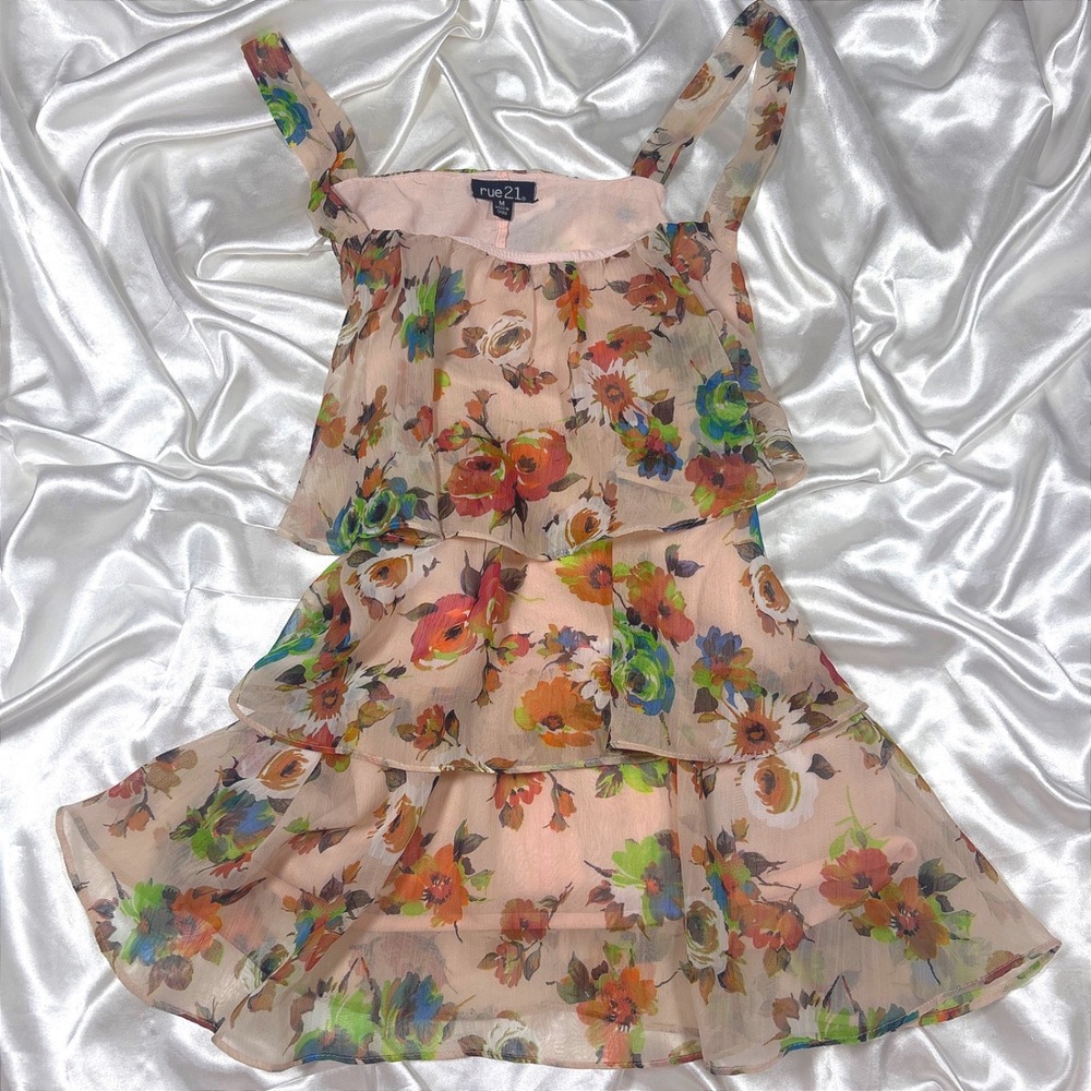 y2k Cami Top Pink Excellent Rue21 Floral Tiered Ruffle Chiffon Tank Sleeveless